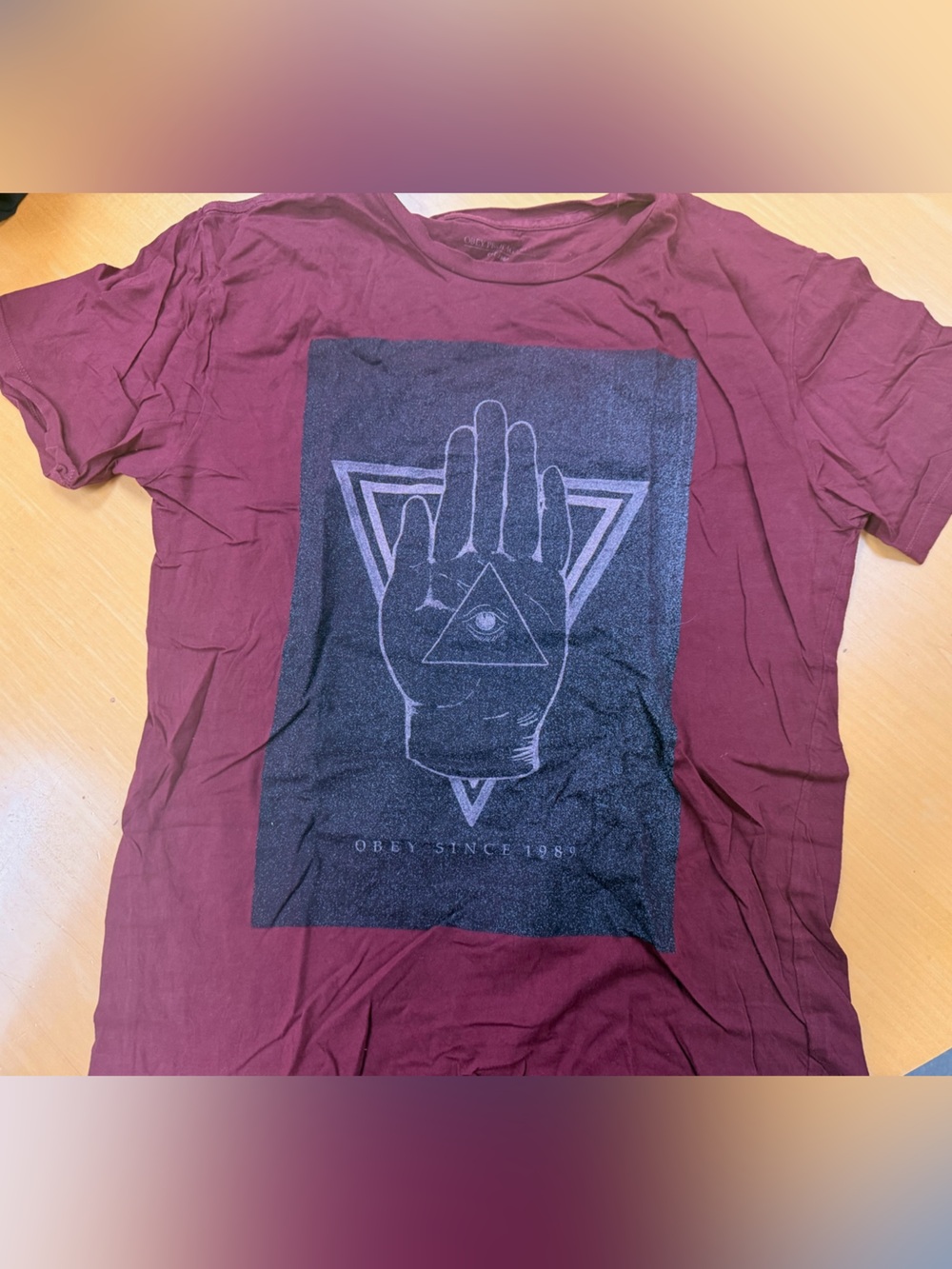 Obey propaganda Tshirt Maroon Tee with Black Geometric Hand Graphic Tee